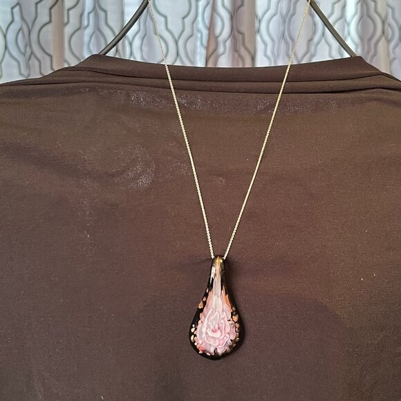Hand Crafted Jewelry - 3D Pink Flower Dichroic Glass Pendant • Black & Gold • Sterling Italian Chain